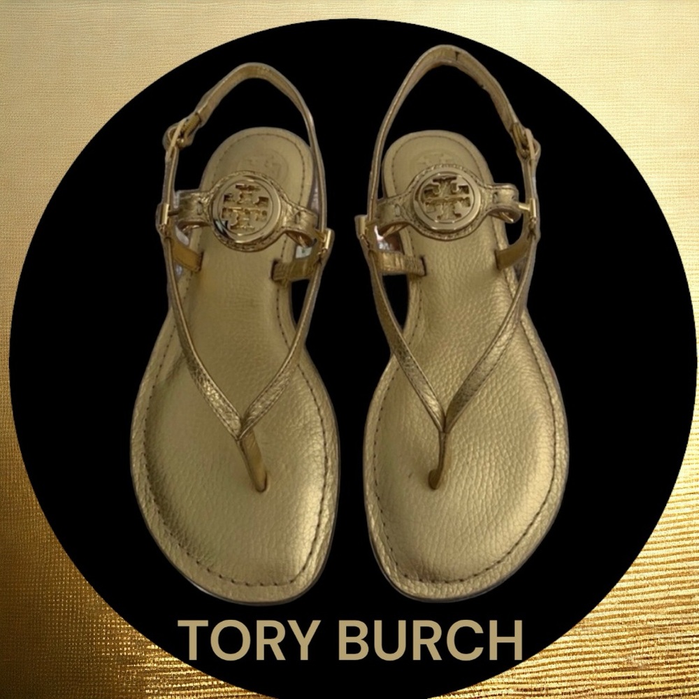 TORY BURCH GOLD NEW THONG FLAT SHOES LEATHER 8.5 - Picture 1 of 11